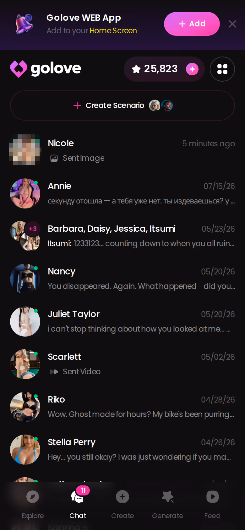 Elenco delle chat di GoLove su mobile con tutte le conversazioni in una lista