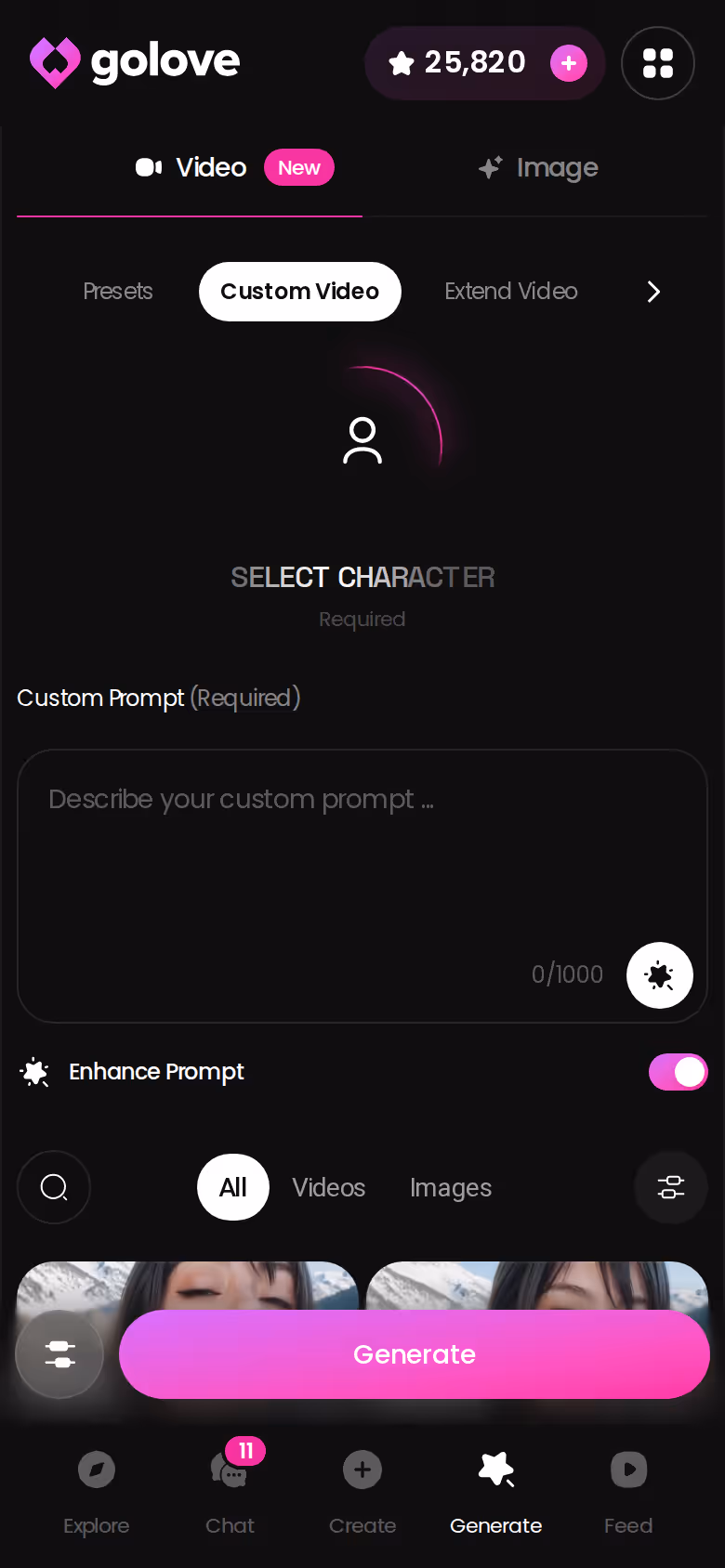 Generatore video di GoLove.ai su mobile con personaggio e preset selezionati