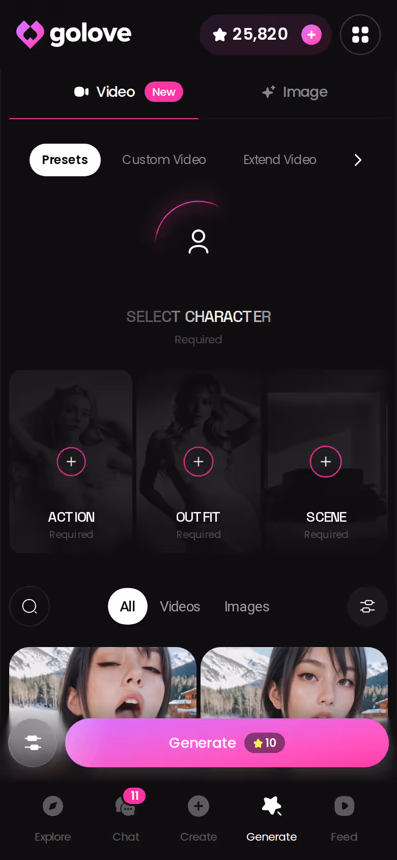 Hub Genera di GoLove su mobile con le opzioni immagine e video