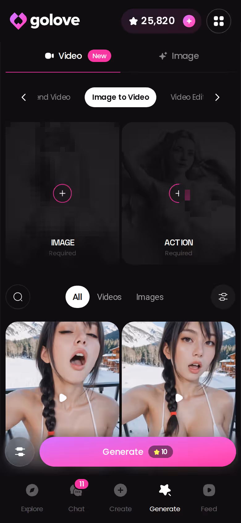 Generatore GoLove su mobile in modalità Da immagine a video
