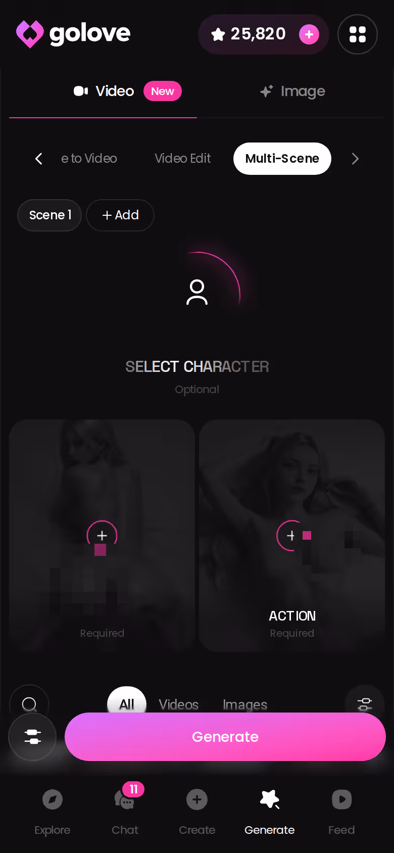 Il generatore di GoLove con Preset per azione, abito e scena, da telefono